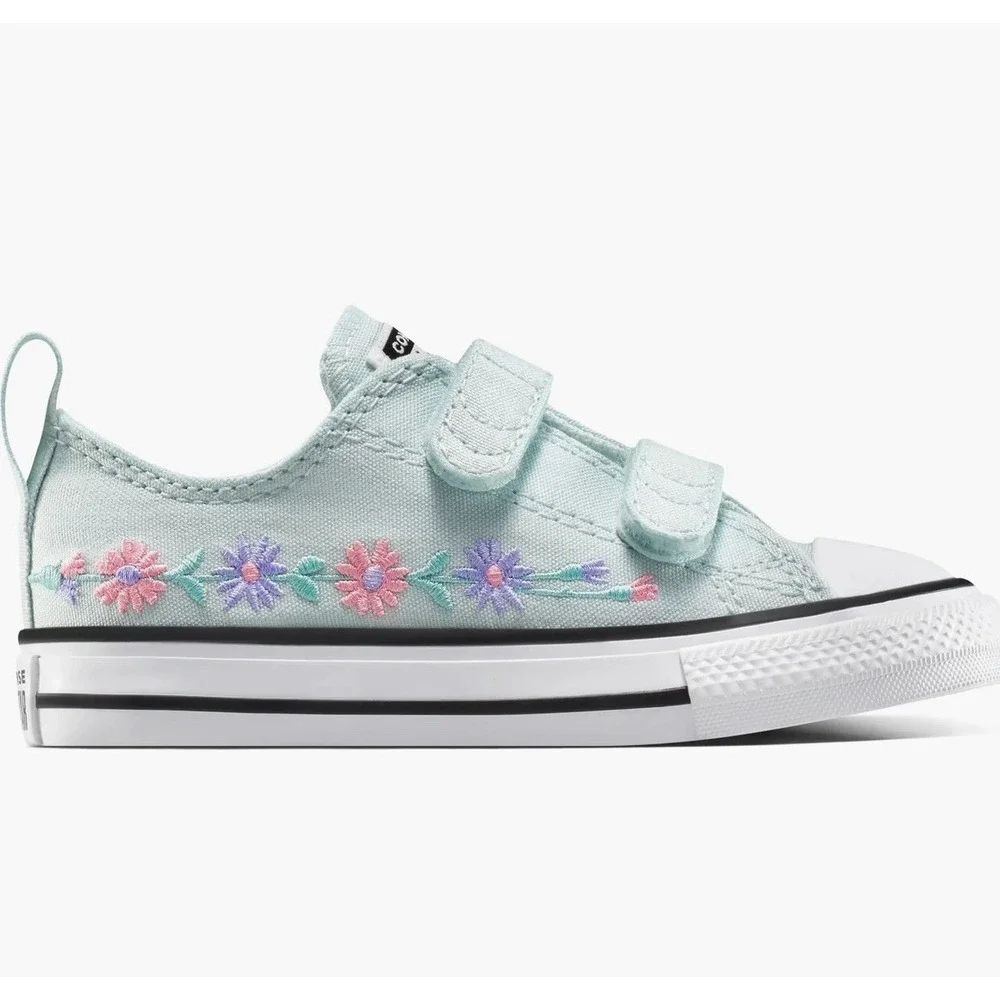 Converse All Star Infant 10 Mint Green Floral Embroidered Strap Sneakers NEW